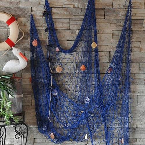 Декоративная рыбацкая сеть синяя с декором, 200х400 см